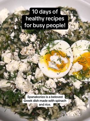 It's the sixth day of our 10 Days of Healthy Dinners for Busy People! Herby and bright spanakorizo combines — as the Greek name suggests — spinach and rice with feta, dill, and @Hetty Lui McKinnon’s recipe has added boiled eggs for some protein. #healthyrecipes #spanakorizo #healthydinner #greekfood 