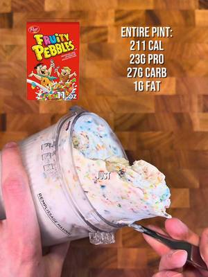 Replying to @sidneysnacks ⬇️FULL RECIPE⬇️ 211 calories 22g protein (for the entire pint, mix-ins/toppings included) Fruity Pebbles Protein Ice Cream 😋🍦 Full recipe book (170+ flavors) linked in bio! - 400g Fat Free High Protein Milk - 40-45g Monk Fruit sweetener - 5g (1 tsp) vanilla bean paste (or extract) - A pinch of salt - 1g (¼ tsp) xanthan gum Mix-ins: - 20g Fruity Pebbles 211 cal 27g C, 1g F, 22g P Instructions: 1. Blend all ingredients for the base and freeze (at least 16 hours) 2. Run your pint under hot water for at least 60 seconds 3. Spin on “Lite Ice Cream” setting 4. Spin on “Respin” setting 5. Respin again if powdery 6. Make a hole down to the bottom with a butter knife and fill with the Fruity Pebbles 7. Run the “Mix-in” cycle Follow for more @Ninja Kitchen Creami tips, tricks, and recipes! • • • • #ninjacreami #proteinicecream #highprotein #fpf #fruitypebbles 