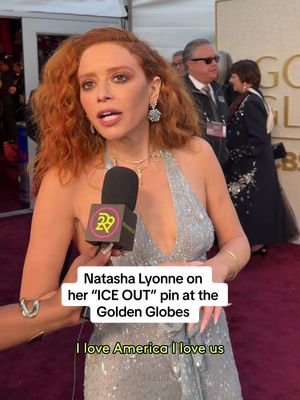 “Renee Good. Say her name.” #NatashaLyonne is one of many celebrities wearing an #ICEOUT pin on the #GoldenGlobes red carpet. @Golden Globes 