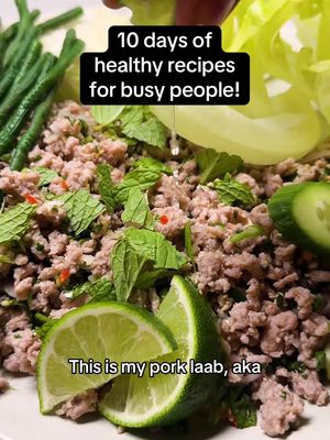 Break out the mortar and pestle and get to grinding some toasted rice — it’s the key to this delicious Pork Laab recipe! #laab #healthyrecipes #healthycooking 