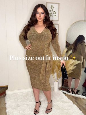 @FashionNovaCURVE • If you’re looking for plus-size outfit inspo… hi 👋🤍 This gold sparkly dress is the “Oaklyn Long Sleeve Metallic Midi Dress” from @Fashion Nova. I’m wearing a size 2X and the fit is so good. The tie waist gives that snatched look without feeling tight. If I find something I genuinely love, I’m sharing it — plus-size girls deserve cute options too ✨✌️ #plussizestyle #curvygirlfashion #curvyfashion #size16style #plussizedress 