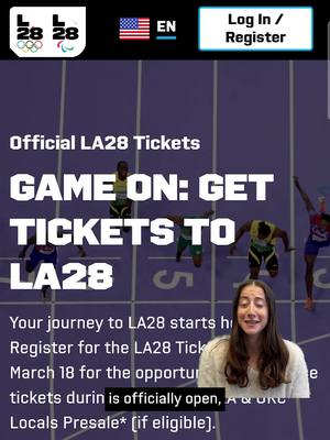 Game on! Registration for the LA28 Ticket Draw* is open from January 14–March 18, 2026. We’re here to take you through the process step-by-step to ensure you get across the finish line of registering for the draw. Sign up now at Tickets.LA28.org *NO PURCHASE OR PAYMENT REQUIRED. RESTRICTIONS APPLY. TERMS SUBJECT TO CHANGE. VISIT LA28.ORG FOR OFFICIAL TERMS. @Olympics @NBC Olympics & Paralympics 