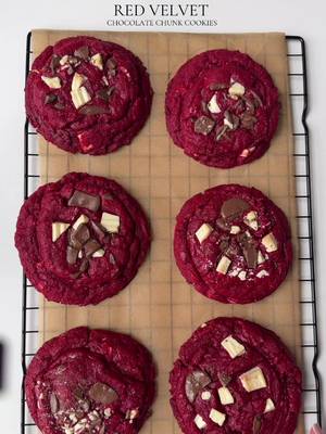 Red velvet chocolate chunk cookies 🍪  Ingredients  2 1/4 cups (285g) all purpose flour  2 tbsp corn starch  2 tbsp natural cocoa powder  1/4 tsp baking soda  1/2 tsp baking powder  Pinch of salt 1 cup (225g) cold unsalted butter, and cubed  1 cup (220g) dark brown sugar 3 tbsp (37g) granulated sugar  1 large egg + 1 egg yolk, cold 1 tbsp vanilla bean paste  1 tsp white vinegar  1 tbsp gel red food coloring  1 cup semi sweet chocolate chips, chopped  1/2 cup white chocolate chips, chopped  Instructions  In a bowl or stand mixer, beat cubed cold butter on high for about 2 minutes until creamy. Add brown sugar and granulated sugar. Beat on high for 2–3 minutes until light and fluffy. Add egg, egg yolk, vanilla bean paste, vinegar, and red food coloring. Beat on high for 3–4 minutes until smooth and deeply red.  In a separate bowl, whisk together, flour, cocoa powder, cornstarch, baking powder, baking soda, salt Gradually add dry ingredients to the wet mixture. Mix just until combined. Fold in chocolate chips and white chocolate chunks. Scoop 4 oz tall cookie dough balls and place on a baking sheet. Freeze for at least 2 hours or overnight.  Preheat oven to 350°F (175°C). Place 3–4 cookies per tray, spacing them about 4 inches apart. Bake for 16–18 minutes, until edges are set and centers remain soft. Let cookies cool on the baking sheet for 15 minutes, then transfer to a rack. They will firm up but stay chewy inside. #redvelvet #cookierecipe #chocolatechip 