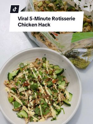 Viral 5-Minute Rotisserie Chicken Hack 🍗🔥 High protein, zero effort, BIG flavour. If you need dinner on the table fast, this one is it. Literally took 5 minutes and tastes so good - the ultimate quick, high-protein meal. Ingredients * 1 hot roast chicken, bones removed and shredded  * Rice of choice (I used sushi rice) * 1 bunch Spring onion, finely chopped * 1 bunch Coriander, finely chopped * 3 tablespoons Soy sauce Extras I added because *yum* & we had in the house already  * Sriracha * ABC sauce * Drizzle of sesame oil * Sesame seeds * Cucumber, sliced for extra crunch  * Crispy shallots Method 1. Full all meat off the chicken and ensure you keep all the juices in the bag.  2. Into the bag add rice, chicken, spring onion, coriander, soy sauce, sriracha, ABC sauce, crispy shallots and a drizzle of sesame oil. 3. Toss until combined.  4. Serve straight out of the bag or into a bowl if you must! ;) Fast, flavour-packed and protein-loaded - perfect for busy nights when you still want something delicious. 🤌✨ #EasyRecipes #quickdinner #highproteinmeals #viraleats #weeknightdinner 