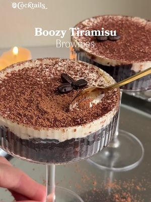 Never knew what true love was until we met a boozy tiramisu brownie. 😌☕ Ingredients (serves two martini glasses): - Brownies (box mix or homemade both work totally fine!) - 1.5 oz. coffee liqueur - 1 tbs. mascarpone - 1/2 cup heavy cream - 1 oz. Baileys - 2 tsps. sugar - cocoa powder - espresso beans Steps: 1. Bake brownies then allow to cool 2. Use a martini glass to cut out a slice of the brownie that will perfectly fit in the glass 3 Puncture holes into the top of the brownie with a fork, then pour coffee liqueur on top 4. Set your martini glass to the side and in a separate dish combine mascarpone, heavy cream, Baileys, and sugar 5. Use a high intensity frother or a hand mixer until whipped cream consistency has formed 6. Spread boozy mascarpone topping on top of brownie 7. Sift cocoa powder on top of tiramisu brownies then garnish each with 3 espresso beans 8. Serve and enjoy! #tiramisu #brownie #espressomartini #boozy #dessert 