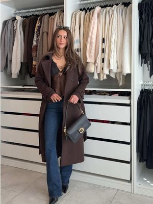 A dinner date night go to fs ✨ #winteroutfitideas #jeansoutfit #bootcutjeans #chicoutfits #trenchcoat dinner outfit, winter date night outfit