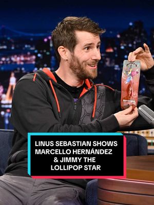 Linus Sebastian (@Linus Tech Tips) shows @Marcello Hernandez & Jimmy the Lollipop Star: a lollipop that plays music in your mouth! #FallonTonight #TonightShow #LinusSebastian #LinusTechTips #MarcelloHernandez 