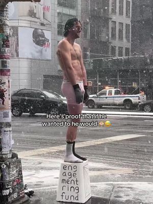 Spotted in SoHo today!  This man was standing in his boxers from 8 am till after 3 pm (!) in the snow to raise money for an engagement ring for his fiancée ❄️💍 If that’s not commitment/dedication, then idk what is 😅 You can Venmo him at sweatpantcity if you want.  #nyctok #nyctiktok #nyc #nyclife #nycliving 