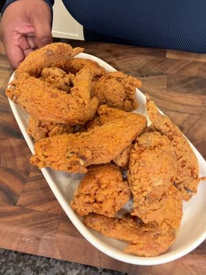 Ultimate Fried Chicken                     7 whole wings split.                                @Goya Foods Adobo all purpose seasoning  Badia Complete Seasoning  1/2 pkt Sazon Garlic Powder  2 tbs Hot sauce  Black pepper  Smoked paprika  1 lrg egg 1 cup all purpose flour  1/3 cup cornstarch  Same Dey seasonings as above  Inspo: @ausomecreations 