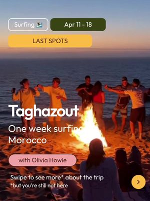 TRAVEL WITH ME TO TAGHAZOUT — LAST SPOTS! April 11 → April 18, 2026 📍 Taghazout, Morocco This April, you’re waking up to the sound of waves, sipping mint tea on a rooftop, and walking to the ocean with a crew of strangers who already feel like your people. Eight days. Seven nights. Sun. Salt. Spontaneous belly laughs. A little chaos. A lot of connection. The good kind. Surf in the mornings. Wander Morocco in the in-between. Come back with stories that don’t fit in your camera roll. ⚠️ HOW TO JOIN Comment “TRIP” or DM us to get the WhatsApp early access link 🔗 We’re opening the very last spots inside the group first. The rest of the crew? Already in. Already vibing. Already excited to meet you. ✨ Not just a trip. Your next favorite memory is waiting in Morocco 🧡