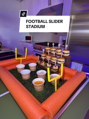 If you guys need Super Bowl  ideas, im coming in HOT with a bunch this week. this football slider stadium was super easy to make. Thought the sliders looked cute like little people lol idk #DIY #craft #SuperBowl #football 
