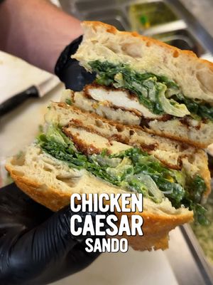 Chicken Caesar Sandwhich! Crispy Chicken Cutlets, Caesar Dressed Romaine and Kale, 18-Month Shaved Parmesan, on our Homemade Sourdough Foccacia. @milesquarecafe 