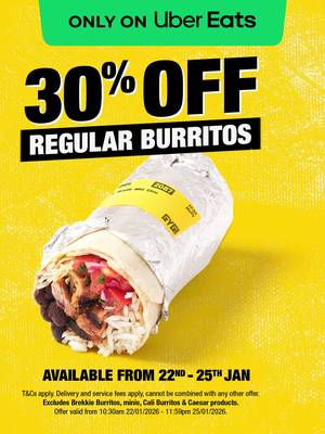 Grab a Regular Burrito for just $10 from 10:30am daily between 22-25 Jan on UberEats! T&C's Apply.