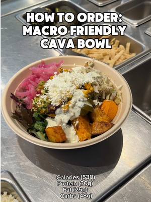 Save this macro-friendly bowl for your next gym session 🏋️ 530 Calories 30g of Protein 48g of Carbs 25g of Fat Check out our nutrition page for more info! #macros #protein #cava #cavaorder 
