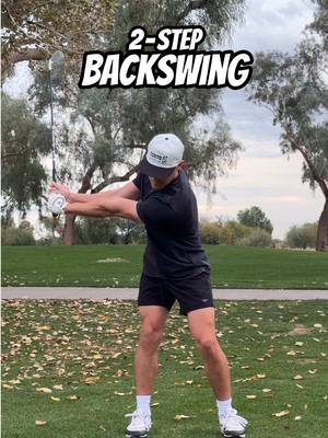 2-Step Backswing: 1. Hands move low & wide to start 2. Hinge to 90° by the time the lead arm is parallel to the ground Width first. Hinge second.  #golf #golftips #backswing