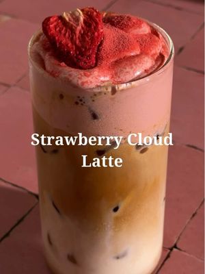 Strawberry Cloud Latte 🍓☁️💕☕️ 3 tbsp heavy cream  1 tbsp milk  1 tsp vanilla bean paste  1 tbsp strawberry powder  1 cup milk  Double shot espresso  Strawberry powder and feeeze dried strawberry to garnish.  Combine cream, milk, vanilla, and strawberry, use a hand mixer to froth. In a glass filled with ice add milk and espresso then top with the strawberry foam.  #latte #coffee #strawberrycoldfoam #strawberrycoldfoamicedespresso #coffeevibes   