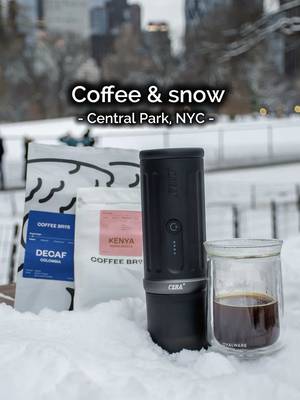Family, coffee and snow, what else? ☕️❄️🧑‍🧑‍🧒 Coincidence or not, I am sharing with you this snowy adventure from last month’s snow in NYC (Central Park), even though there is a snow storm outside right now! After a nice walk with the family, we found a nice spot to set my portable coffee bar up, with a table that I had to partially clean from the snow, and enjoy in such wonderful scenario. While my wife took care of our little one and allowed me to prepare the drinks 🥰, I first brewed her decaf espresso shot over the mocha mix (dark chocolate, honey and milk) that I had prepared in advance at home, and afterwards, I prepared my regular shot over hot water for a delicious long black 👌🏼 Really loving this portable espresso machine from @Ceraplus, robust, large battery, easy to use, and most importantly, delicious espresso shots out of it 💪🏼 Amazing coffee beans too, with such amazing crema even though I had these at home for some time before this trip. In particular, the medium-light roast Kenya Riara Estate from @Coffee Bros. was, if I may say, one of the most delicious coffees I have ever enjoyed, easily falling within my top 5. I got pure sweetness, body, and a different note that I had never tasted before (maybe the cooked passion fruit as the roaster reports, I’m not sure), but it was DELICIOUS! Lastly, mention that in such cold environment, the double wall tasting glass from @Ovalware surprised me in how long it kept the drink warm, honestly, it took me like 5-10 min to finish it while spending that time with the family on the slow, and it kept the temperature for so long 🙌🏻 As always, best portable grinder the K6 from @kingrinder 💪🏼 Aerial shots with @insta360 official X3 🤩 For discounts on top notch coffee gear, check my Instagram bio. $40 off the portable espresso machine and 10% off Ovalware products 🔗 #coffee #cafe #snow #fyp #foryoupage 