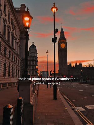 Are you coming to London but don't know where to get the best sunrise/sunset pics?  Don't worry, I've got you.  Since many of you have been messaging me and asking this exact question, l've decided to create a list of my favourite places. Westminster Area: Great George Street, Parliament Square, Abingdon street (George V statue), Victoria Embankment, Horse Guards Ave near Victoria Embankment gardens, Florence Nightingale Garden, Jubilee Gardens. Save this for your next trip to London 💛 #visitlondon #westminster 