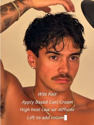 My Simple 2B Hair Routine  • Wet hair – water is your main source of moisture • Curl cream – locks in moisture and clumps the hair for definition + that wet look • Diffuse – low air, high heat to set the shape faster with less frizz • Lift & scrunch – adds volume and movement Curl Cream from @BASED  #menshair #hairstyle #wavyhair #2b #hairtips