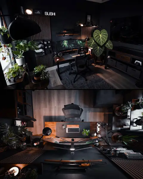 Japanese culture at the core — surrounded by plants, grounded in walnut tones, finished with espresso. 🪴 🪵 ☕️  I’m always evolving this space — adding new corners, new textures, new life. The plant corner, the reading nook, the espresso bar… it’s all been shaped with intention. I actually use software to help plan future additions before I move anything in real life. Slide one is a real photo of my office… with one small change. I wanted the next addition to feel bold — jungle bold. So I used software to visualize where it should live. Meet the newest idea: an Anthurium Magnificum 🌿 It’s in the right corner of slide one — what do you think? Check out @angies.planties - it’s where I get all of my plants!  #desksetup #homeoffice #interiordesign 