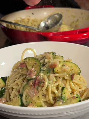 Quick and easy Pasta with zucchini and Guanciale 🍝 Ingredients (serving 3)   Pasta 400g  2 average zucchini Guanciale (or pancetta or bacon) 150g Parmigiano reggiano 80g Almonds an handfull  Salt, Black pepper to taste  1-) Start boiling a large pot of salted water for pasta  2-) Cook the pork at high for a couple of minutes, no oil, no butter  3-) Slice the zucchini 4-) Add half of the zucchini to the skillet with pork and boil the other half for 2/3 minutes 5-) Add the boiled zucchini to a food processor followed by Cheese, Almonds, Black pepper and olive oil. Add a couple of ice cubes to keep a bright-green color.  6-) Cook the pasta 2 minutes under the package cooking instructions then dry it directly into the skillet.  Add a ladle of cooking water and stir at high until the water evaporates.  7-) Turn off the heat and scoop in the zucchini cream, a little more cooking water, mix until uniform and creamy and serve.  👨‍🍳Feel free to twist the ingredients according to your taste.  Use a different cheese, change the pepper quantity…  Let your creativity run wild while cooking from scratch with fresh ingredients. That’s what Mediterranean diet is all about.