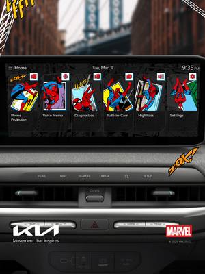 A bold new way to personalize your drive. Inspired by the iconic Web-Slinger, the new Marvel's Spider-Man Retro theme brings heroic energy to your dashboard. Explore other themes in Kia Connect Store. #Kia #KiaConnectStore #SpiderMan #Marvel Display themes to be released are subject to change. Availability and features may vary by model, model year, trim level, and vehicle software version. Kia Connect subscription required. Kia Connect terms and conditions apply.