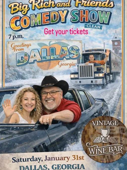 We’re east bound and down and rolling g into Vintage Wine Bar on Saturday 1/31 at 7pm for a great night of stand up comedy. Tickets at www.bigrichbrock.com #bigrichbrockcomedy #cleancomedy #laughs #hiramga #dallasga 