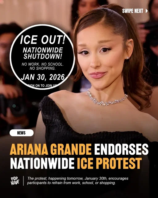Ariana Grande has endorsed a Nationwide ICE Protest via Instagram stories. The protest, happening tomorrow, January 30th, encourages participants to refrain from work, school, or shopping.