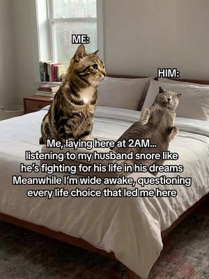 Marriage is just loving someone deeply… while laying awake at 2AM listening to them battle invisible demons. Thoughts get loud. Choices get questioned. Love remains. 🐱😂🖤 #relationshiphumor #marriedlife #coupleshumor #catcouple #nightthoughts