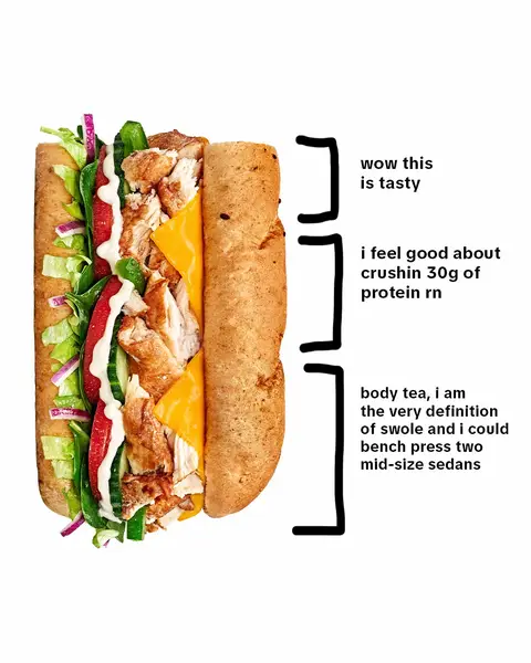 new Fresh Fit Rotisserie-Style Chicken sub got me like: *Fresh Fit subs and nutrition facts refer to 6" subs built to standard formula on multigrain bread.