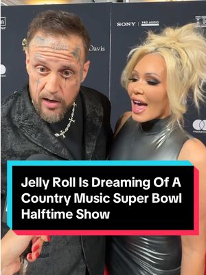 #JellyRoll is ready to be on the #SuperBowl halftime planning committee! He shares all the country music stars he’d love to see do the show in the next few years.  #clivedavispregrammyparty #countrymusic #grammys