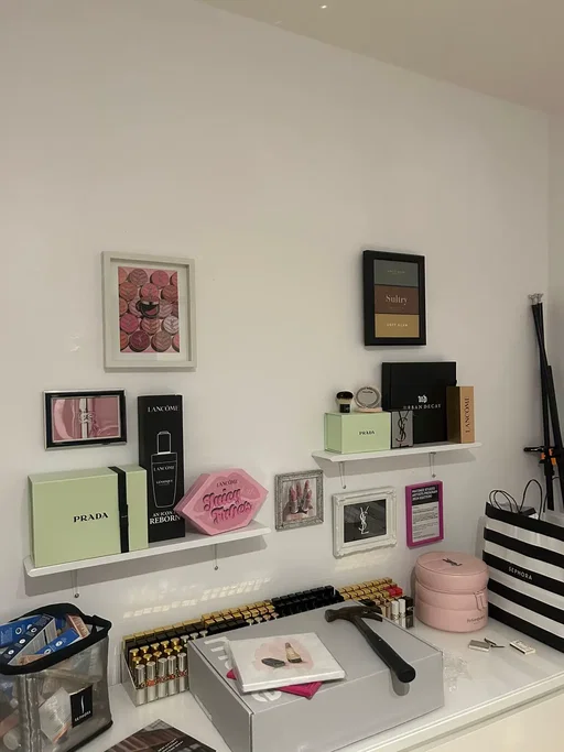 New background for our Makeup Video, painted those shelves months agox and made these canvas YEARS ago and finally was happy with the set up! What do we think?  I’m also going to switch the shelves and decor every season 🖤💋💄 #makeupcontent #makeupinfluencer #backgroundvideo #beautyroom #makeupvideo 