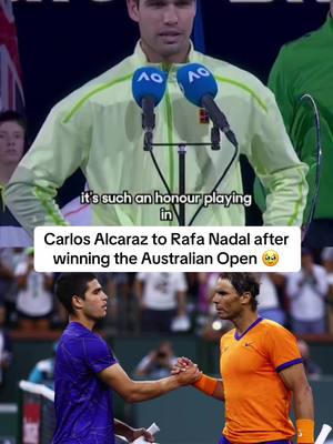 Carlos Alcaraz to Rafa Nadal after winning the Australian Open and becoming the youngest player to complete a career grand slam:  “For me it’s such an honor playing in front of you. It’s a privilege.” 🥹 So much mutual respect between these two tennis legends.  (via AusOpen/X)  #tennis #australianopen #alcaraz #nadal 