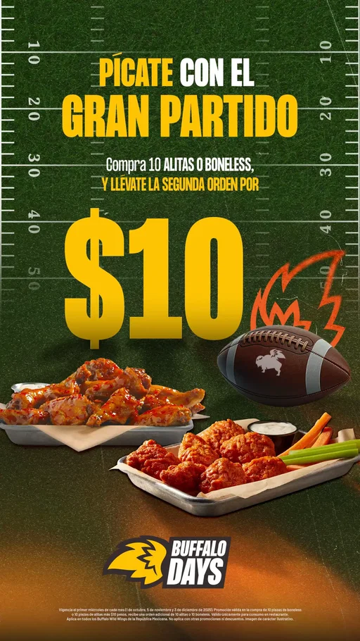 Ya falta menos de una semana para el Super Bowl, vete preparando. 🤩🤩🏈 Aprovecha todos los miércoles esta promo de Buffa Days. 🍗🪽