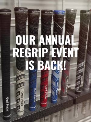 🚨OUR ANNUAL REGRIP EVENT IS ON NOW🚨  There's no better time to upgrade your grips! Save 40% off in-stock grips and 20% off in-stock shafts, available in-store and online. Some exclusions apply.  #golf #golftiktok #golfer #golftown 