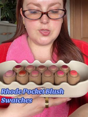 Let’s swatch every shade of the @rhode skin pocket blush  Piggy – baby pink Sprinkle – warm pearly pink             Juice Box – hot pink Spicy Marg – bright coral Freckle – neutral peach Tan Line – pinky tan Sleepy Girl – soft mauve Toasted Teddy – bronze terracotta Plum – cool purple berry Date Cake – warm red berry Sun Soak – spiced orange #rhode #rhodeskin #rhodepocketblush #pocketblush #blushswatches 