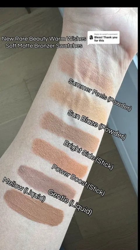 Replying to @vanjci Swatches of the new @Rare Beauty Warm Wishes soft matte powder bronzers in Summer Feels and Sun Blaze compared to the bronzer sticks in Bright Side and Power Boost and vs. the Soft Pinch liquid contour shades in Gentle and Mellow on fair-light skin with an olive undertone. Hope this is helpful for anyone trying to find their shade 🫶 #rarebeauty #rarebeautybronzer #lightoliveskin #fairoliveskin 