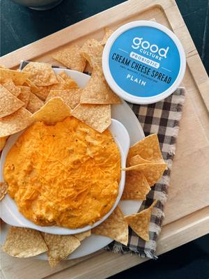 she’s hot. she’s creamy. she’s invited. Buffalo Chicken Dip Ingredients: • 8 oz Good Culture Cream Cheese, softened • 1 cup shredded cooked chicken • ½ cup buffalo sauce • ½ cup shredded sharp cheddar • ¼ cup shredded mozzarella (optional but for cheese pull) • 1 small garlic clove, finely grated • 1 tbsp melted butter • 2–4 tbsp milk or cream (for loosening) • Freshly cracked black pepper • Scallions or chives  Method: 1. Fold together the softened Good Culture Cream Cheese with melted butter, garlic, and black pepper. 2. Mix in the buffalo sauce until fully incorporated. 3. Fold in chicken, cheddar, and mozzarella. Add milk or cream a tablespoon at a time until creamy but thick and scoopable. 4. Transfer to a small baking dish or cast iron. Bake at 375°F for 18–22 minutes, until bubbling and lightly golden. Finish with scallions or chives. 