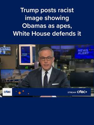 President Donald Trump shared a racist image overnight showing former President Barack Obama and former first lady Michelle Obama portrayed as apes. The depiction of the Obamas, posted late Thursday from Trump's official Truth Social account, was included in a video clip pushing a conspiracy theory about voting machines during the 2020 election. The White House defended Trump's post when asked for comment on Friday morning, though the sole Black Republican senator, Tim Scott, called for Trump to remove the post. Read more at the #linkinbio or the link on screen. #CNBC