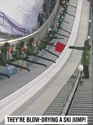 They're BLOW-DRYING a ski jump and I can't look away 💨👀 When the weather changes during ski jump competitions, safety crews spring into action with leaf blowers to dry the entire in-run. Why? At 90km/h, moisture = danger. These teams work in perfect sync to create ideal conditions for athletes. Main character energy but make it Olympic prep ✨ #Olympics #SkiJumping #BehindTheScenes #OddlySatisfying #WinterSports   @Milano Cortina 2026 
