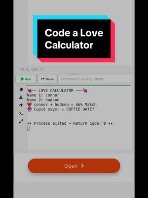 Build your own love calculator in Python …. perfect for Valentine’s Day!! 💕 #pythoncoding #pythonprogramminglanguage #learnpython #learntocodewithme #codinggirls   