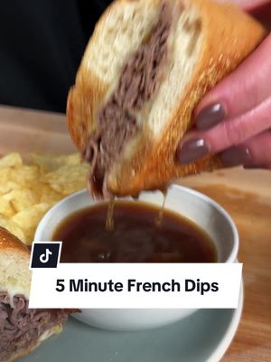 You can make the best sandwich in 5 minutes! 💯 With just a handful of ingredients, you've got a satisfying French Dip. Get the recipe below or at the link in @allrecipes bio. 🥪 Ingredients:  4 hoagie rolls, split lengthwise but still connected 8 slices provolone cheese, halved 1 (10.5 ounce) can beef consomme 1 (10.5 ounce) can French onion soup 1 1/2 cups water 3/4 pound thinly sliced roast beef Directions:  Preheat the oven’s broiler to Low Broil. Place 2 half slices cheese on each half of each roll. Place hoagie rolls on a baking sheet. Broil in the center of the oven until cheese is melted.  Meanwhile, heat beef consomme, French onion soup, and water in a saucepan over medium heat until just simmering. Add beef until just heated through, 2 to 3 minutes. Remove roast beef from soup, allowing any excess liquid to drip back into the saucepan; divide meat evenly among hoagie rolls. Divide soup into 4 dipping bowls and serve sandwiches with jus. 🎥: Nicole @nicolesperfectbite #frenchdip #EasyRecipe 
