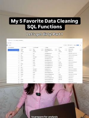 Let’s get DIRTY!! 😉 It’s gonna be 80% of your job! Follow for part 2 and check bio for my full demo data cleaning in SQL youtube video! ↳ Clean strings: remove extra spaces, weird quotes, and fix casing ↳ Fix dates: standardize formats and remove stray characters ↳ Recode variables: turn “CA”, “California”, and “calif” into one consistent value  ↳ Handle NULLs: don’t let missing data mess with your analysis Save these 4 tips to handle messy datasets w/ ease 😮‍💨 #data #datacleaning #sql  🏷️ data, data cleaning, sql, data analytics, data science