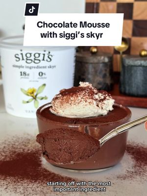 #ad 🍫 Chocolate Mousse made with @siggisdairy 0% nonfat vanilla skyr.   siggi's is an excellent source of protein and made with simple ingredients. hitting your protein goals doesn't have to taste boring.   This mousse is rich, whipped and chocolatey. 🍫🖤 Ingredients and instructions below! Ingredients     •    24 oz @siggisdairy 0% nonfat vanilla skyr     •    ½ cup cocoa powder     •    ¼–½ cup maple syrup (adjust to sweetness)     •    1 tsp vanilla extract      •    Pinch of salt      •    1 tbsp gelatin (I’m using beef gelatin)      •    3–4 tbsp warm water (to bloom the gelatin) Instructions Bloom the gelatin: In a small bowl, add 1 tbsp gelatin. Pour 3–4 tbsp warm water over it. Stir and let it sit for 3–5 minutes until it becomes a thick gel. Dissolve the gelatin: Microwave the bloomed gelatin for 10–15 seconds or warm it in a saucepan until it becomes smooth and liquid. Mix the mousse base: In a large bowl, whisk together: Siggi’s vanilla yogurt, cocoa powder, maple syrup, vanilla extract and salt. (make sure the cocoa fully dissolves, it should look smooth and glossy.) Add the gelatin: With the yogurt mixture still room temperature, slowly stream the liquefied gelatin into the bowl while whisking continuously. Chill: Pour into jars or a serving bowl. Refrigerate for 2–3 hours until set into a thick, silky mousse.   Top with cocoa powder and enjoy! #siggisdairy #siggissponsored #mousserecipe
