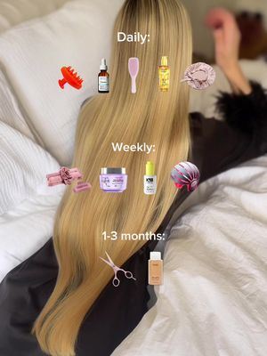 The routine >>> consistency is key 🤍✨💫 Daily: Scalp massagers scalp serums oil on ends detangling & silk protection.  Weekly: Heatless hairstyles hair masks bond repair &  red light therapy.  1-3 months: Trims every three months and clarifying shampoos at least every month to remove buildup. This is a quick reset.  Answering any questions in the comments ✨✨