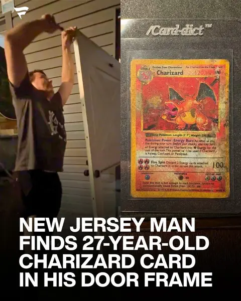 @Joey a collector from New Jersey, was at his childhood home when he remembered that he dropped a Pokémon card inside his door frame when he was younger.  When he cracked it open, he found his Base Set Charizard from 1999 - a piece of his childhood hidden in plain sight for over two decades.