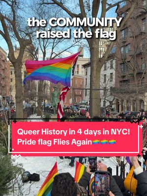 Queer History in NYC in 4 days at the Stonewall National Monument. MONDAY: the Trump Administration took down the Pride flag TUESDAY: we protested, we gathered, we rallied WEDNESDAY: the Stonewall National Park raised the American Flag THURSDAY: the COMMUNITY raised the pride flag again We showed up y'all. This is what COMMUNITY looks like.  Because QUEER history is AMERICAN history! 🏳️‍🌈🇺🇸🏳️‍⚧️ #stonewall #stonewallnationalmonument #lgbtq #Pride