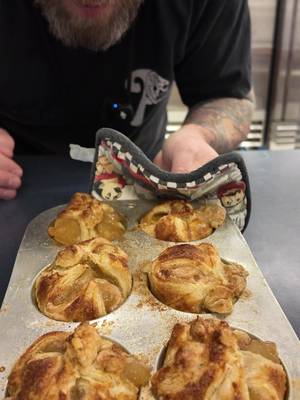 You have to save this and make these immediately!  MINI APPLE PIES  Recipe and Inspo by: @Robyn Q  These were simple and amazing!  Ingredients:  ⁃ Cooking spray  ⁃ 1 Puff Pastry   ⁃ 1 can apple pie filling  ⁃ 8 ounces whipped cream cheese  ⁃ 1/4 cup cinnamon sugar   ⁃ 1 egg, for an egg wash  Directions:  1. Grease the inside of one muffin tin and the outside of another.   2. Lay the puff pastry on top of the muffin tin that is sprayed on the inside. Use the other muffin tin to press on top of the dough to make wells. Sprinkle the wells with some cinnamon sugar.   3. Add some cinnamon sugar to the  whipped cream cheese to taste and mix. Add a small scoop of the cinnamon sugar cream cheese inside the wells of the puff pastry. Top with a scoop of the apple pie filling.   4. Use a pizza cutter to cut into separate pieces. Then pull the corners of each towards the center and press to seal in the middle.  5. Brush with the egg wash and sprinkle with some cinnamon sugar.  6. Place in a 400 degree oven and bake for 20-25 minutes or until golden brown.  #groarkboysbbq #themeatteacher #baking