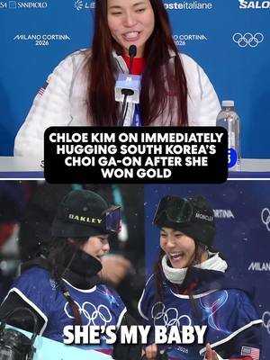 Chloe Kim couldn’t wait to celebrate Choi Ga-on for gold medal in the women’s snowboard halfpipe final ❤️ #chloekim#snowboarding #olympics