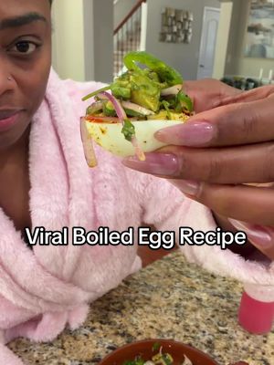 Just cause I know yall gonna ask for the recipe anyway 😂  All you need: • boiled eggs • red or white onion • avocado • cilantro • jalapeño • serrano (if you’re a spicy girl like me) • fresh squeezed lemon and lime juice (yes, you need both and yes, it MUST be fresh squeezed) • salt + pepper • lime pepper seasoning (you can use lemon pepper too) • chili oil It’s so good I could eat it every single day, y’all 😭 just be prepared be in the bathroom 🫣🫠 #viraleggrecipe #boiledegg 
